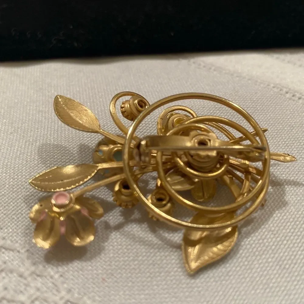 Vintage Gold Enamel And Pearl Flower Spray Brooch